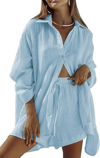 Women 2 Piece Outfits Long Sleeve Button Down Blouse and Shorts Sweatsuit Sets