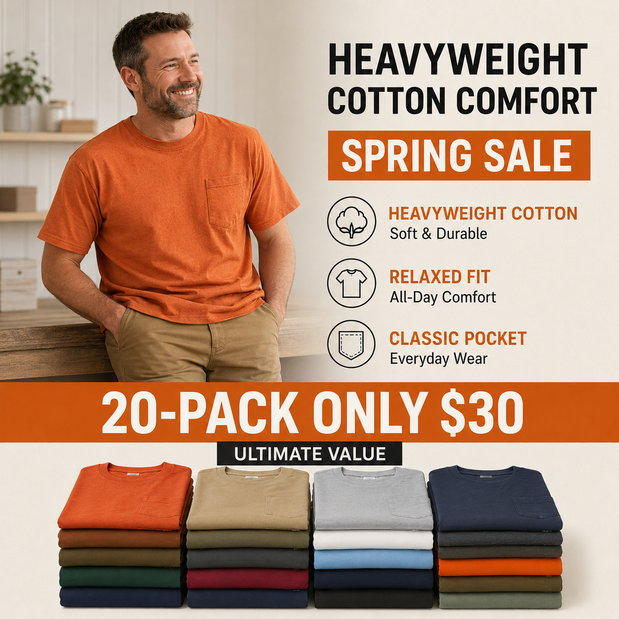 💥Men's Heavyweight Cotton Pocket T-Shirt – Relaxed Fit Everyday Casual Tee | Big & Tall Available