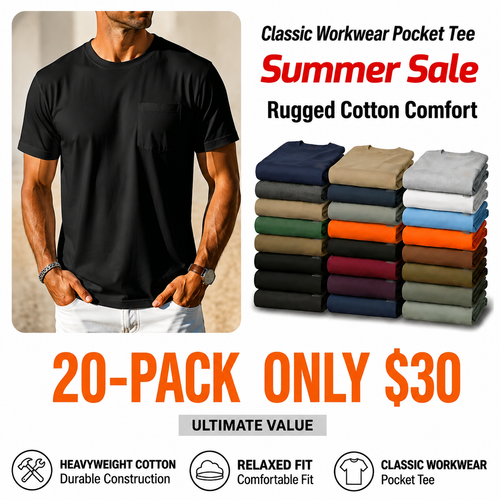 🔥 Last Day Deal! Heavyweight Loose Fit Pocket Tee 💪 Durable cotton workwear shirt — Big & Tall available(Also Available in Big & Tall)