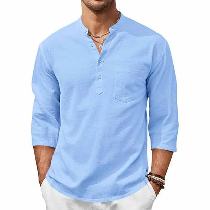 🔥 Limited-Time Sale ✨ Men’s Cotton Linen Henley Shirt | 3/4 Sleeve Lightweight Casual Beach Top 👕🌴