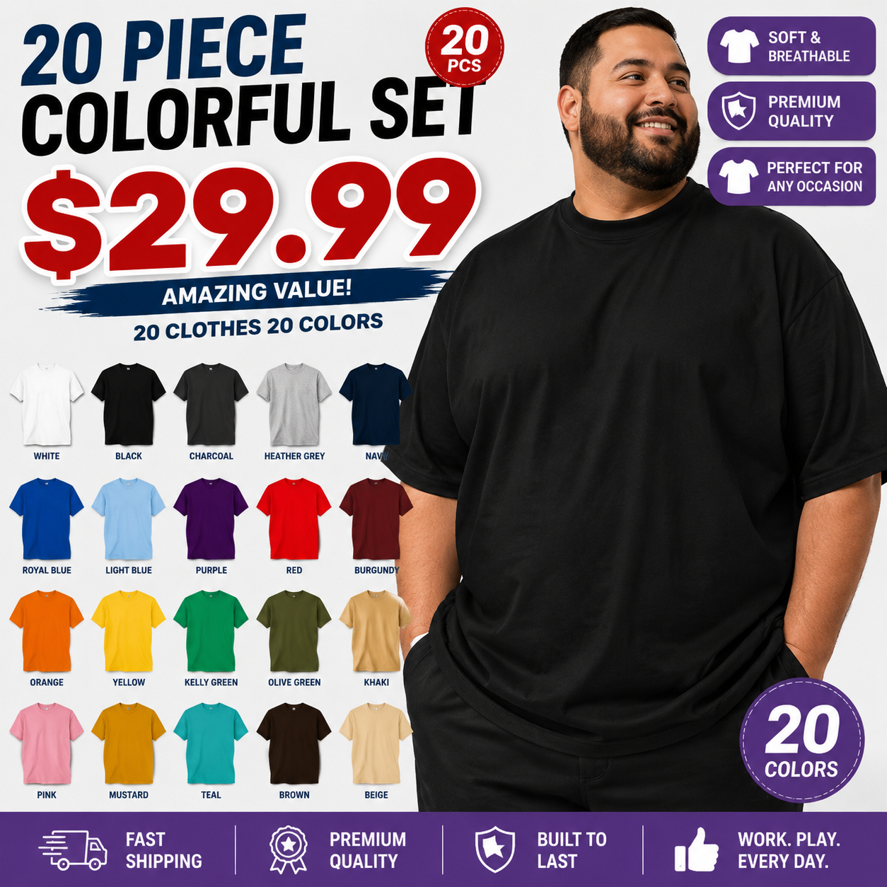 🔥 Big & Tall Men's Heavyweight Cotton Crew Neck T-Shirt 🧔‍♂️ – Short Sleeve.