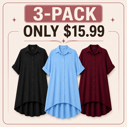 🖤 Women’s Sexy Black Button-Down Shirt Dress – Short-Sleeve Midi Dress with Curved Split Hem, Loose Flowy A-Line Summer Streetwear ✨