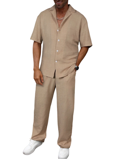 🔥 Limited-Time Sale ✨ Men’s 2-Piece Linen Set | Breathable Button Down Shirt + Elastic Waist Pants | Casual Beach Outfit for Everyday Comfort 🌴👕