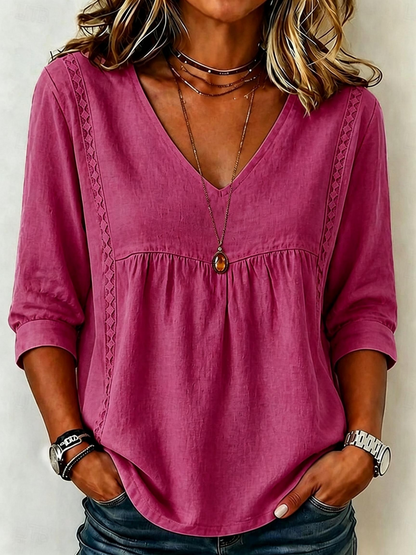 【LAST DAY SALE】Women's Loose-Fit V-Neck Lace Blouse, 3/4-Length Puff Sleeves