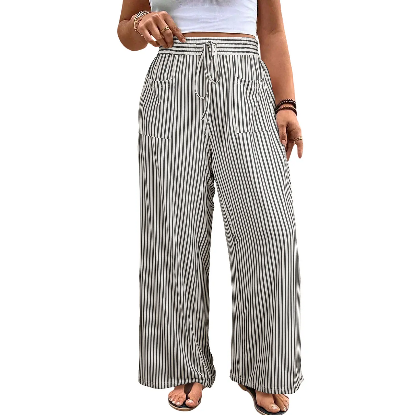 🔥 Limited-Time Sale ✨ Women’s Plus Size Wide Leg Pants | High Waist Striped Palazzo Trousers with Pockets 🌸