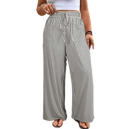 🔥 Limited-Time Sale ✨ Women’s Plus Size Wide Leg Pants | High Waist Striped Palazzo Trousers with Pockets 🌸