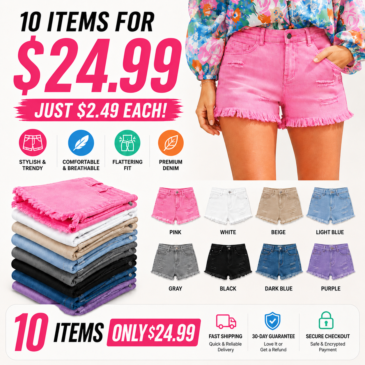 ✨ Women's Mid-Rise Denim Shorts – Stretchy Casual Summer Shorts with Pockets