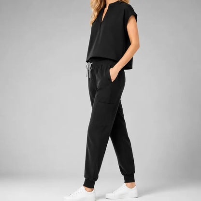 Women’s Stretchy Jogger Scrub Set – Sleeveless Mandarin-Collar Top & 8-Pocket Pants, Comfortable Loose-Fit Nurse Uniform 💙