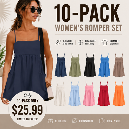 🌴 Women’s Summer Romper – Spaghetti Strap Short Jumpsuit with Pockets, Square Neck Beach Vacation Outfit, Lightweight Casual Playsuit