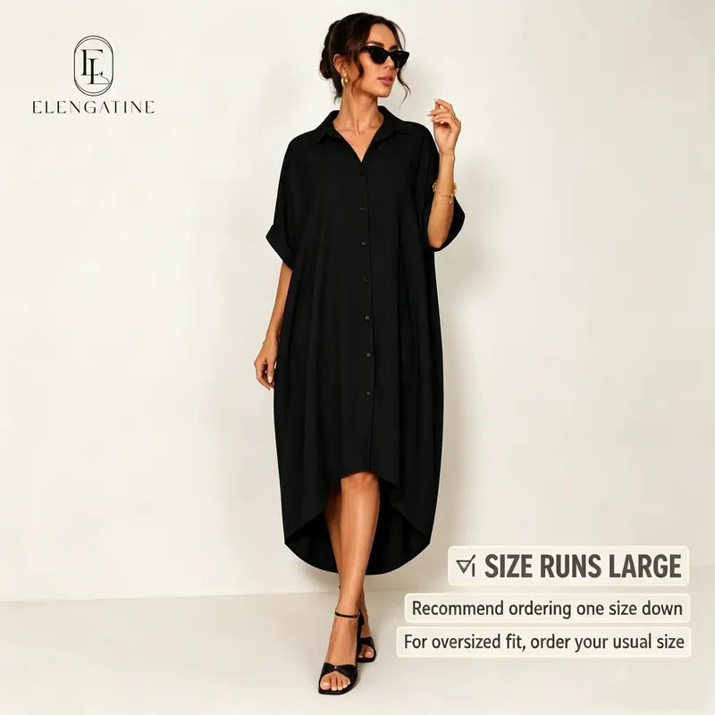 🖤 Women’s Sexy Black Button-Down Shirt Dress – Short-Sleeve Midi Dress with Curved Split Hem, Loose Flowy A-Line Summer Streetwear ✨