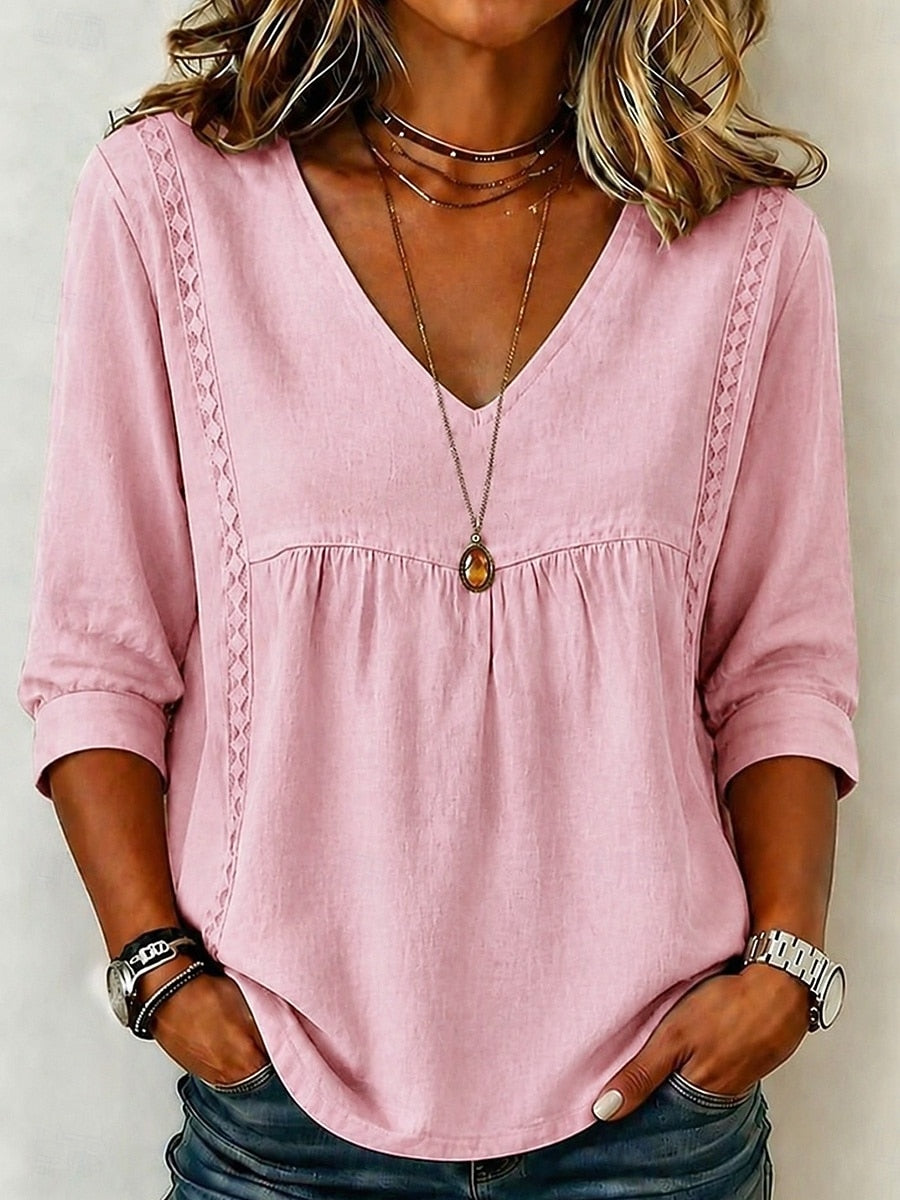 【LAST DAY SALE】Women's Loose-Fit V-Neck Lace Blouse, 3/4-Length Puff Sleeves