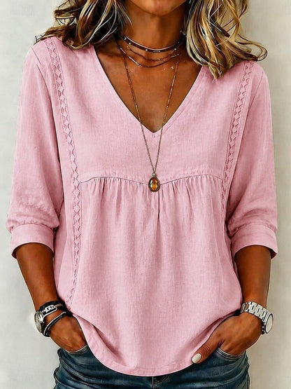 【LAST DAY SALE】Women's Loose-Fit V-Neck Lace Blouse, 3/4-Length Puff Sleeves