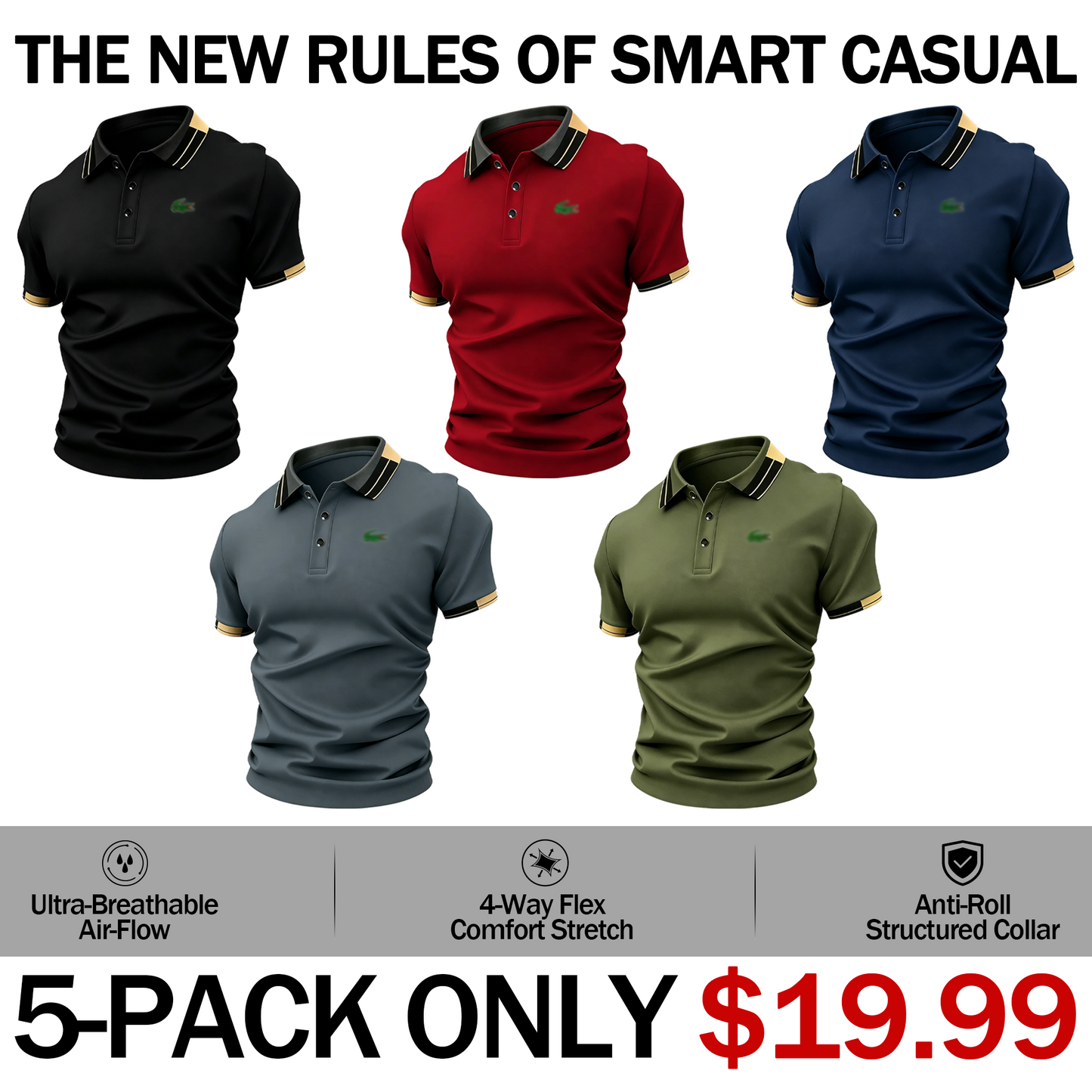 Men's Crocodile Print Polo Shirt – Breathable Casual Stretch Fit Top