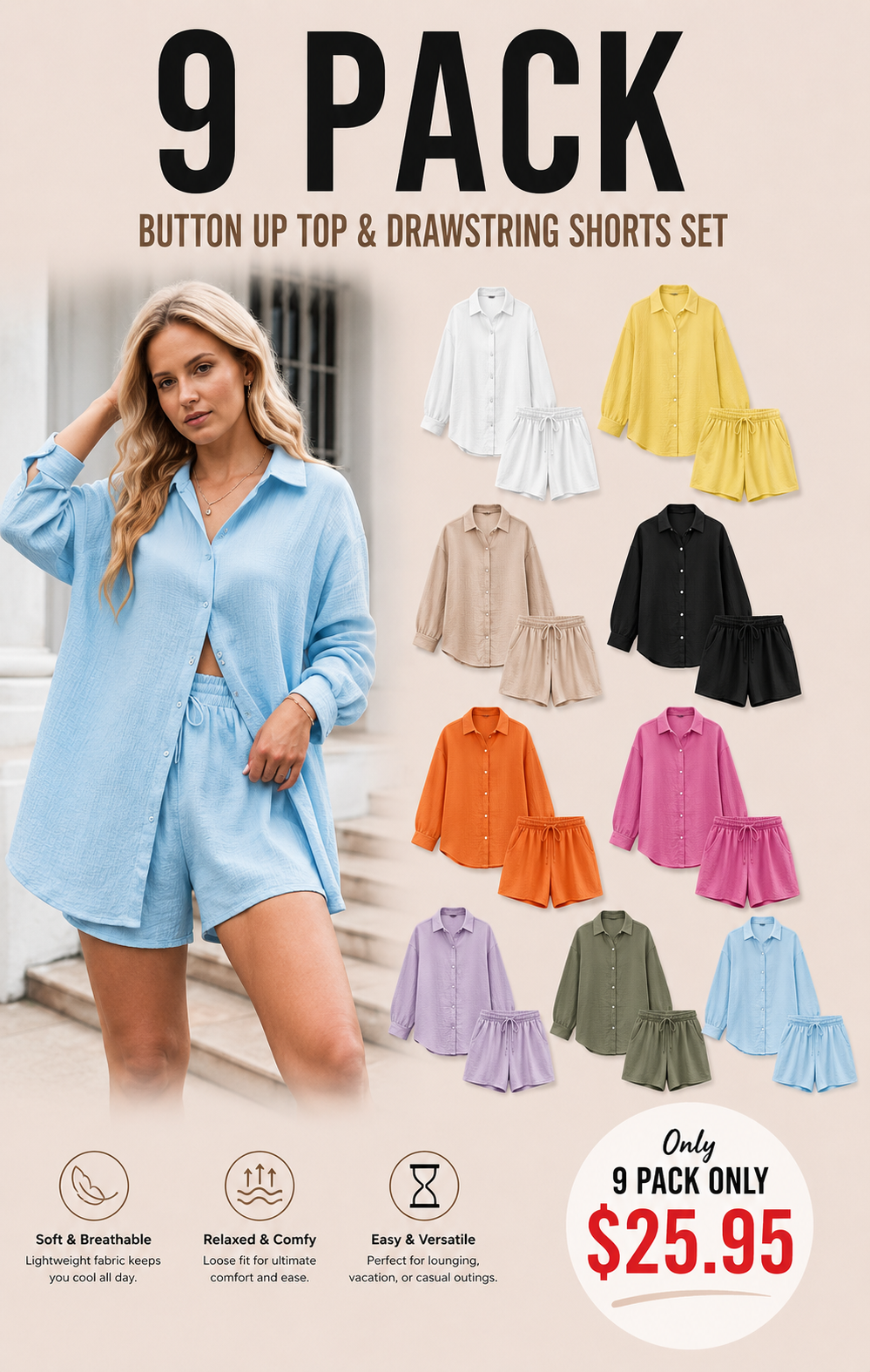 Women 2 Piece Outfits Long Sleeve Button Down Blouse and Shorts Sweatsuit Sets