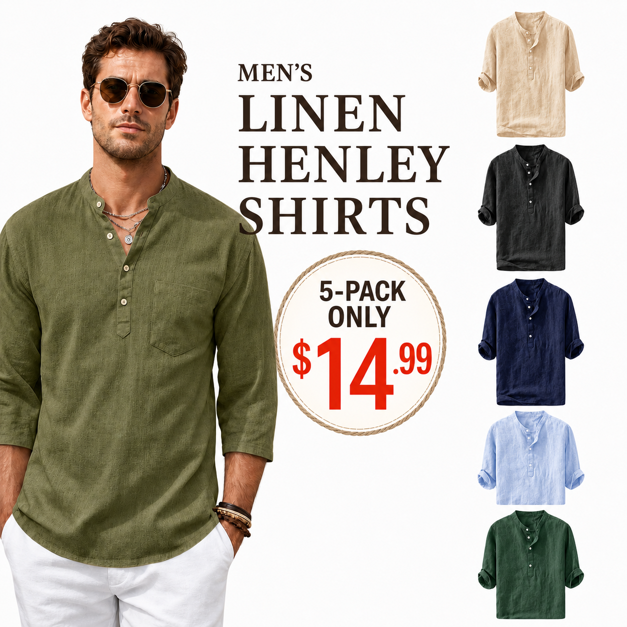 🔥 Limited-Time Sale ✨ Men’s Cotton Linen Henley Shirt | 3/4 Sleeve Lightweight Casual Beach Top 👕🌴