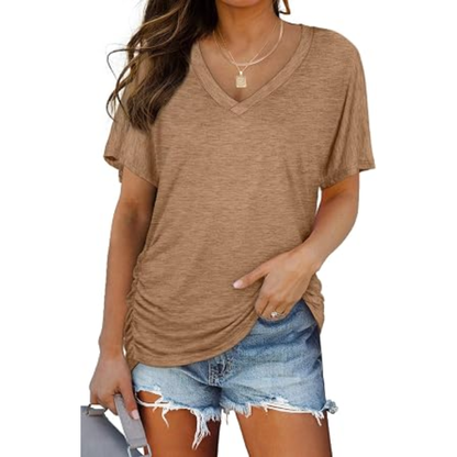 ✨ Women's Casual V-Neck Dolman Top – Short Sleeve Loose Fit Shirt with Side Shirring