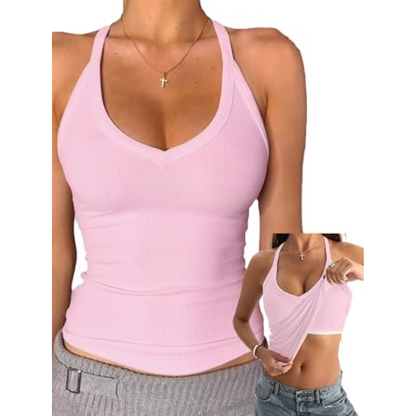 ✨ Women’s V Neck Ribbed Cotton Tank Top with Built-in Bra – Sleeveless Racerback Slim Fit Cami, Soft Stretch Summer Basic Top