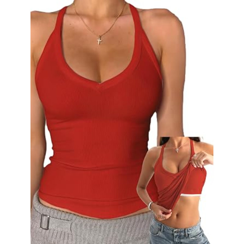 ✨ Women’s V Neck Ribbed Cotton Tank Top with Built-in Bra – Sleeveless Racerback Slim Fit Cami, Soft Stretch Summer Basic Top
