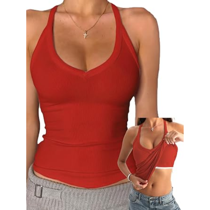 ✨ Women’s V Neck Ribbed Cotton Tank Top with Built-in Bra – Sleeveless Racerback Slim Fit Cami, Soft Stretch Summer Basic Top