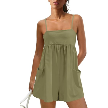 🌴 Women’s Summer Romper – Spaghetti Strap Short Jumpsuit with Pockets, Square Neck Beach Vacation Outfit, Lightweight Casual Playsuit