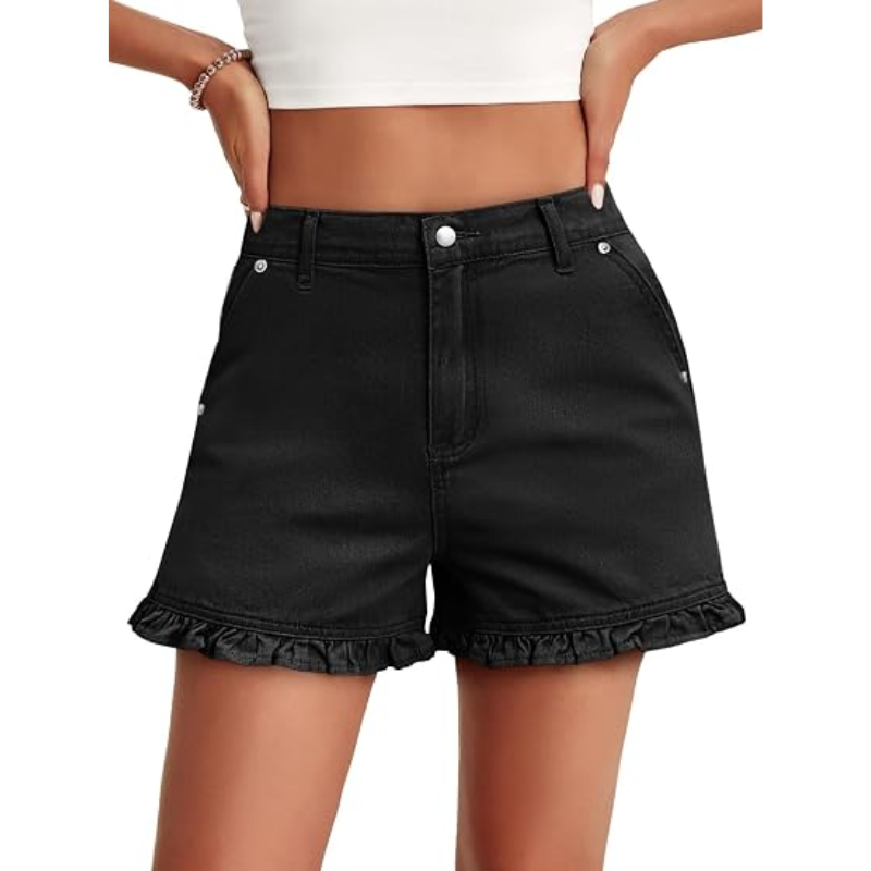 Women's cute high-waisted pure cotton summer ruffled denim shorts
