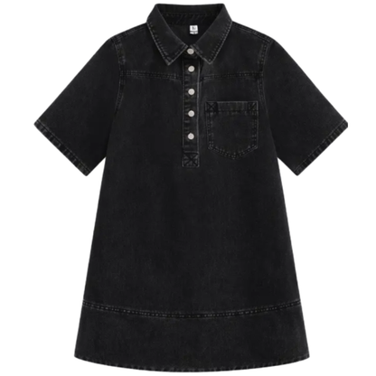 👗 Women’s Vintage Washed Denim Dress – Half-Zip Collared Loose Fit Short Sleeve Casual Shirt Dress with Chest Pocket (XS–5XL)