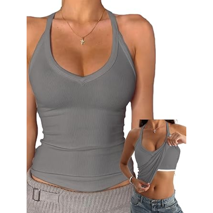✨ Women’s V Neck Ribbed Cotton Tank Top with Built-in Bra – Sleeveless Racerback Slim Fit Cami, Soft Stretch Summer Basic Top