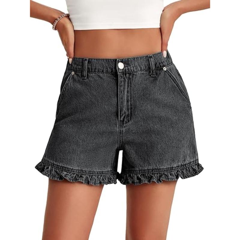 Women's cute high-waisted pure cotton summer ruffled denim shorts