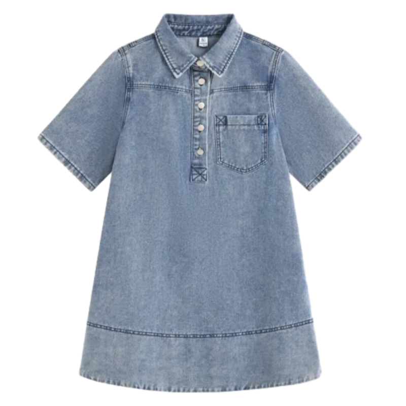 👗 Women’s Vintage Washed Denim Dress – Half-Zip Collared Loose Fit Short Sleeve Casual Shirt Dress with Chest Pocket (XS–5XL)
