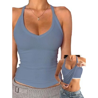 ✨ Women’s V Neck Ribbed Cotton Tank Top with Built-in Bra – Sleeveless Racerback Slim Fit Cami, Soft Stretch Summer Basic Top