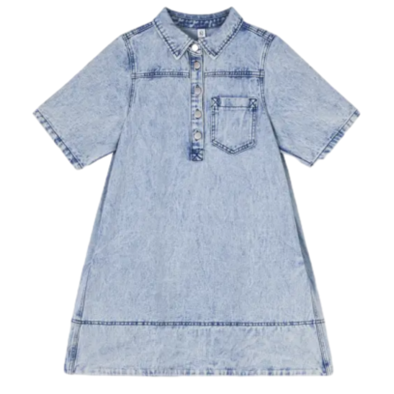 👗 Women’s Vintage Washed Denim Dress – Half-Zip Collared Loose Fit Short Sleeve Casual Shirt Dress with Chest Pocket (XS–5XL)