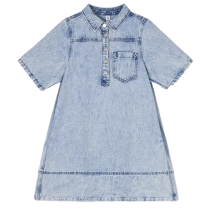 👗 Women’s Vintage Washed Denim Dress – Half-Zip Collared Loose Fit Short Sleeve Casual Shirt Dress with Chest Pocket (XS–5XL)