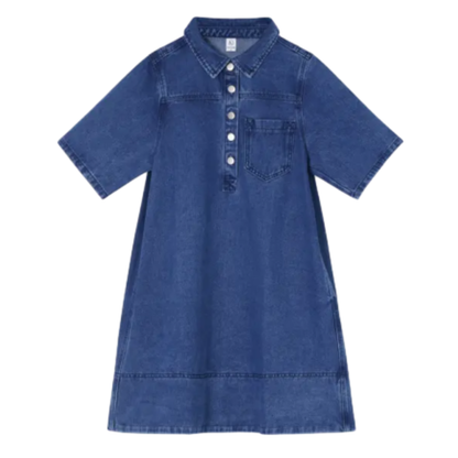 👗 Women’s Vintage Washed Denim Dress – Half-Zip Collared Loose Fit Short Sleeve Casual Shirt Dress with Chest Pocket (XS–5XL)