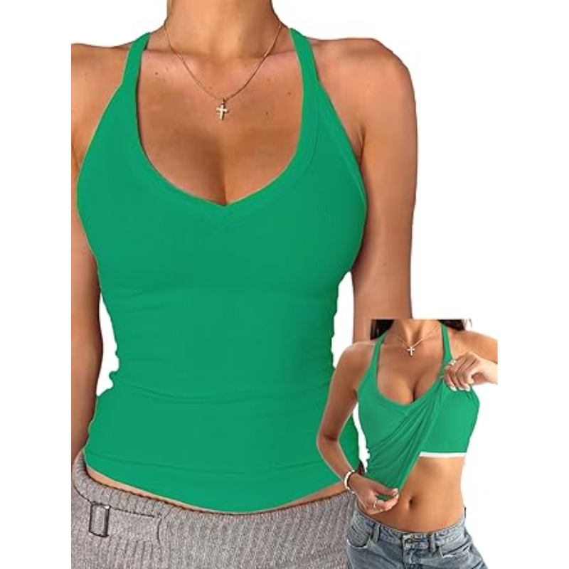 ✨ Women’s V Neck Ribbed Cotton Tank Top with Built-in Bra – Sleeveless Racerback Slim Fit Cami, Soft Stretch Summer Basic Top
