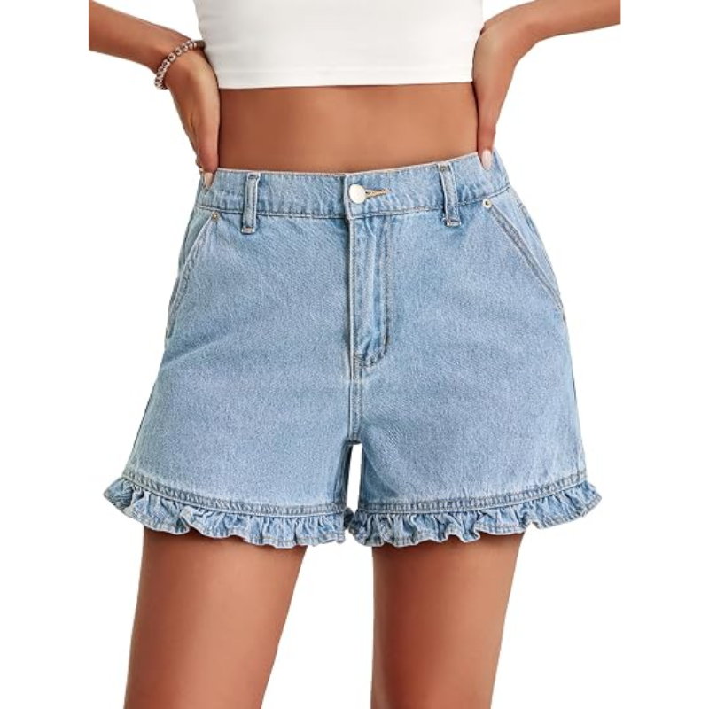 Women's cute high-waisted pure cotton summer ruffled denim shorts