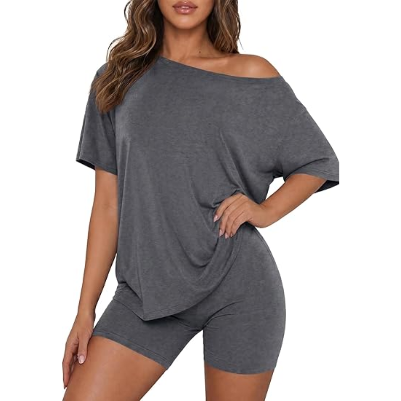 🌸 Women’s Off Shoulder 2-Piece Lounge Set – Casual Fitted Shorts Pajama Set, Soft Spring & Summer Sleepwear Matching Outfit