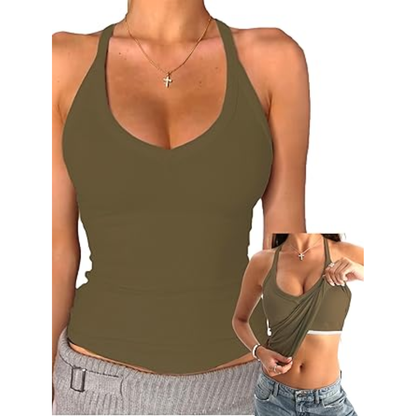 ✨ Women’s V Neck Ribbed Cotton Tank Top with Built-in Bra – Sleeveless Racerback Slim Fit Cami, Soft Stretch Summer Basic Top