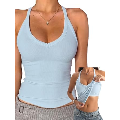 ✨ Women’s V Neck Ribbed Cotton Tank Top with Built-in Bra – Sleeveless Racerback Slim Fit Cami, Soft Stretch Summer Basic Top