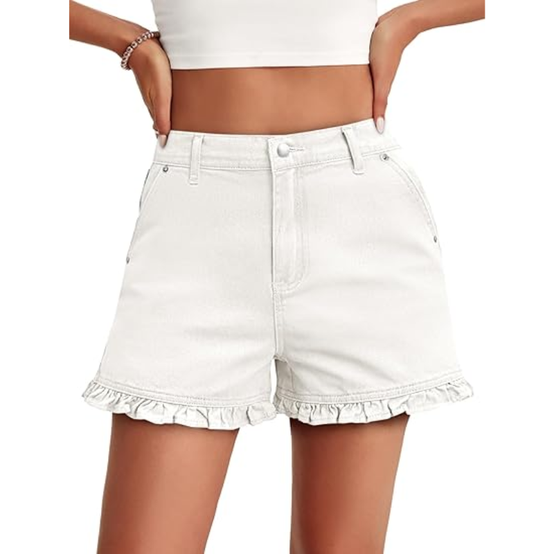 Women's cute high-waisted pure cotton summer ruffled denim shorts