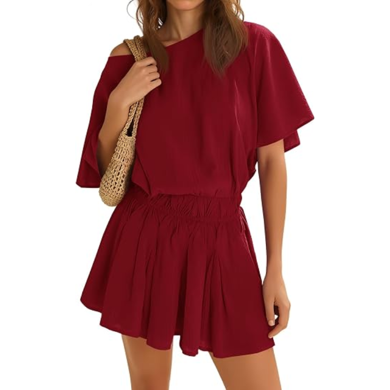 🔥 Limited-Time Promotion 🌸 Women’s Off Shoulder Summer Mini Dress | Batwing Sleeve Cinched Waist Ruffle A-Line Casual Short Dress