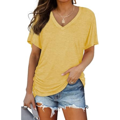 ✨ Women's Casual V-Neck Dolman Top – Short Sleeve Loose Fit Shirt with Side Shirring