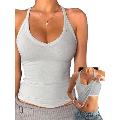 ✨ Women’s V Neck Ribbed Cotton Tank Top with Built-in Bra – Sleeveless Racerback Slim Fit Cami, Soft Stretch Summer Basic Top