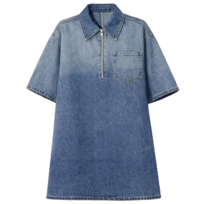 👗 Women’s Vintage Washed Denim Dress – Half-Zip Collared Loose Fit Short Sleeve Casual Shirt Dress with Chest Pocket (XS–5XL)