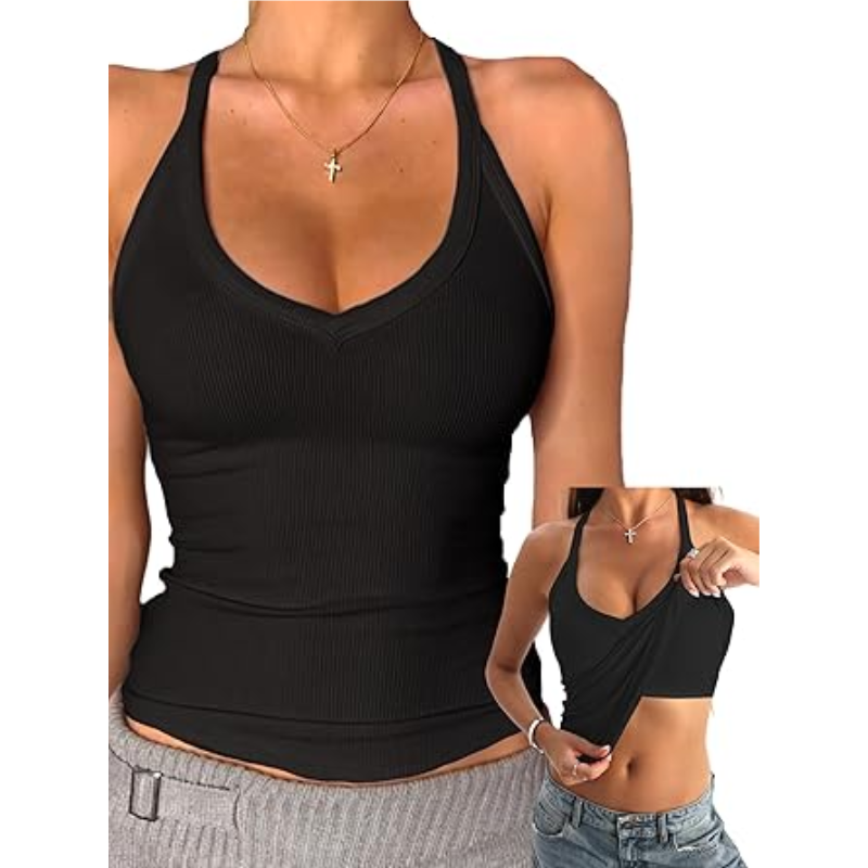 ✨ Women’s V Neck Ribbed Cotton Tank Top with Built-in Bra – Sleeveless Racerback Slim Fit Cami, Soft Stretch Summer Basic Top