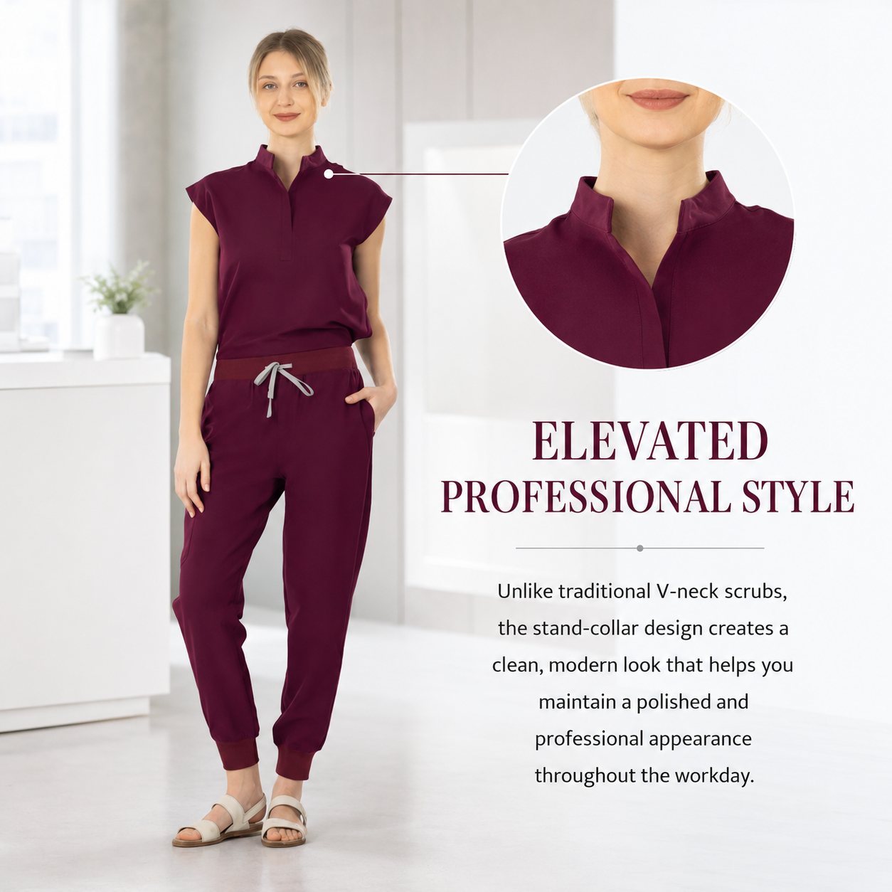 Women’s Stretchy Jogger Scrub Set – Sleeveless Mandarin-Collar Top & 8-Pocket Pants, Comfortable Loose-Fit Nurse Uniform 💙