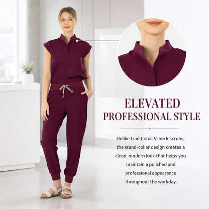 Women’s Stretchy Jogger Scrub Set – Sleeveless Mandarin-Collar Top & 8-Pocket Pants, Comfortable Loose-Fit Nurse Uniform 💙