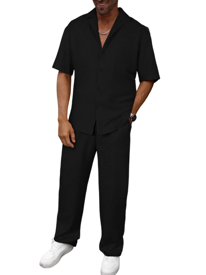 🔥 Limited-Time Sale ✨ Men’s 2-Piece Linen Set | Breathable Button Down Shirt + Elastic Waist Pants | Casual Beach Outfit for Everyday Comfort 🌴👕