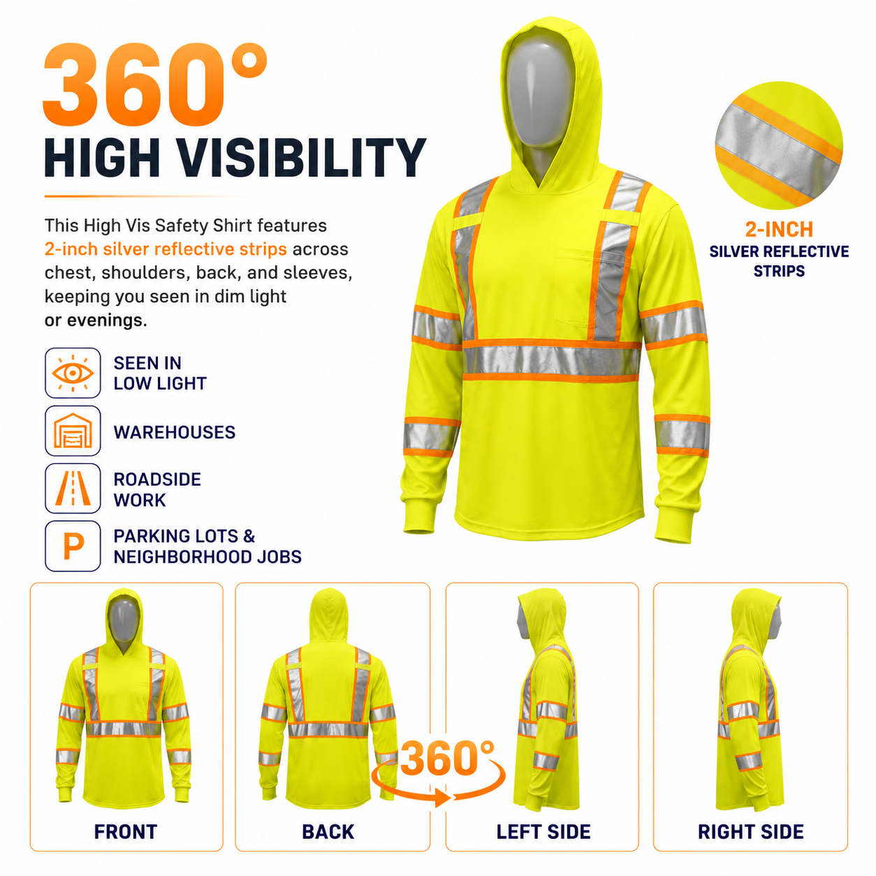 5 PACK SHIRT ST908 High Visibility Hoodie Long Sleeve Safety Shirt