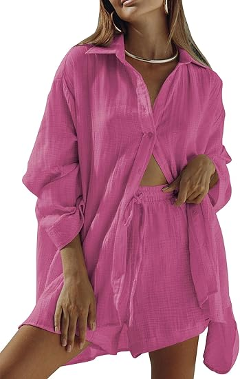 Women 2 Piece Outfits Long Sleeve Button Down Blouse and Shorts Sweatsuit Sets