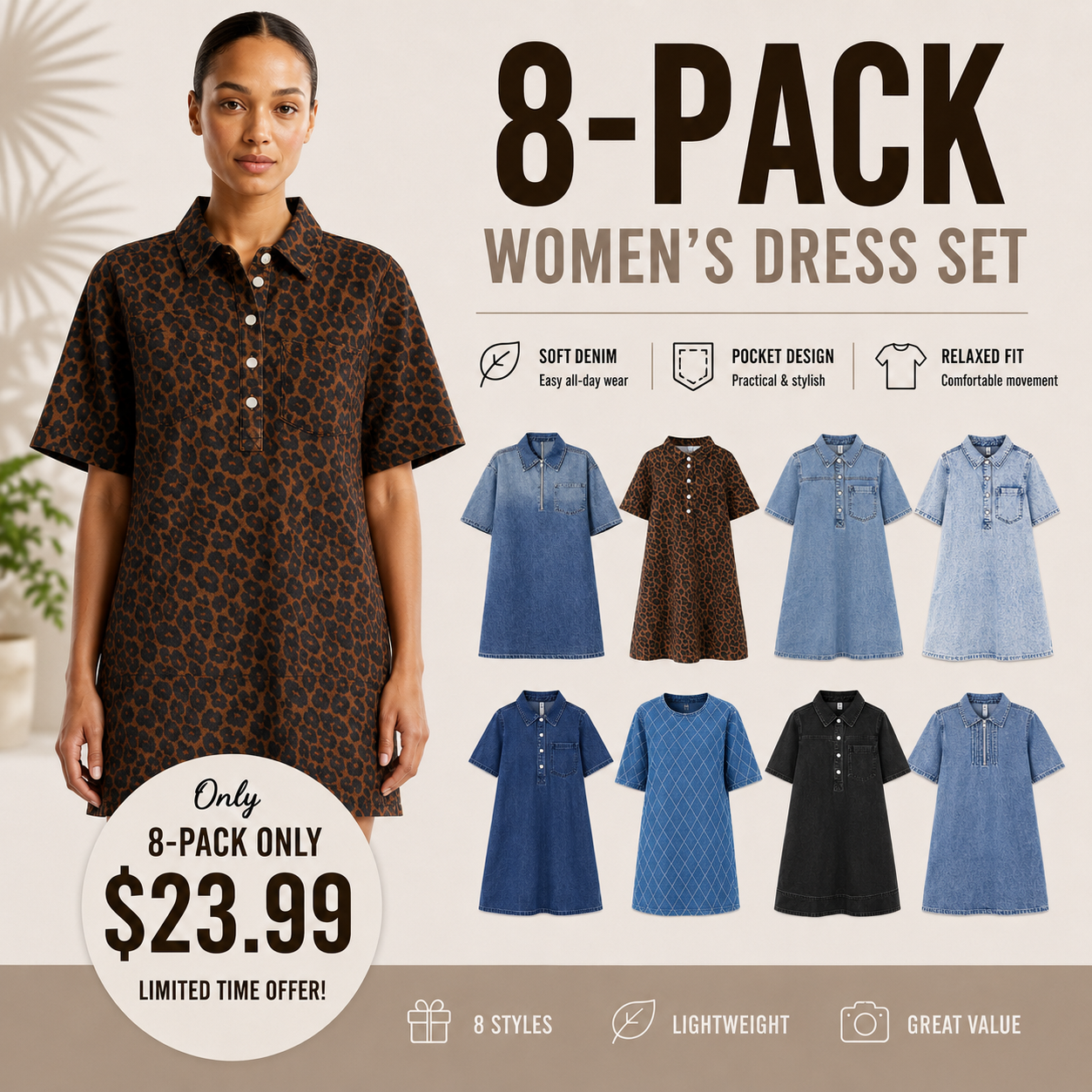 👗 Women’s Vintage Washed Denim Dress – Half-Zip Collared Loose Fit Short Sleeve Casual Shirt Dress with Chest Pocket (XS–5XL)